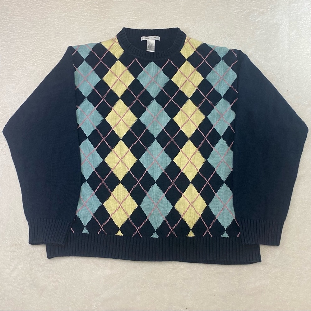 Geoffrey Beene Knit Argyle Sweater Pink Teal Easter Colorway Size XL Men's